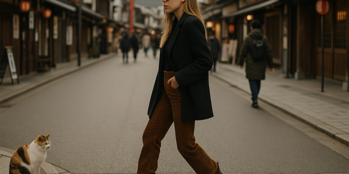 Michelle Salas lleva pantalones de pana color café con botines de suela track en Japón