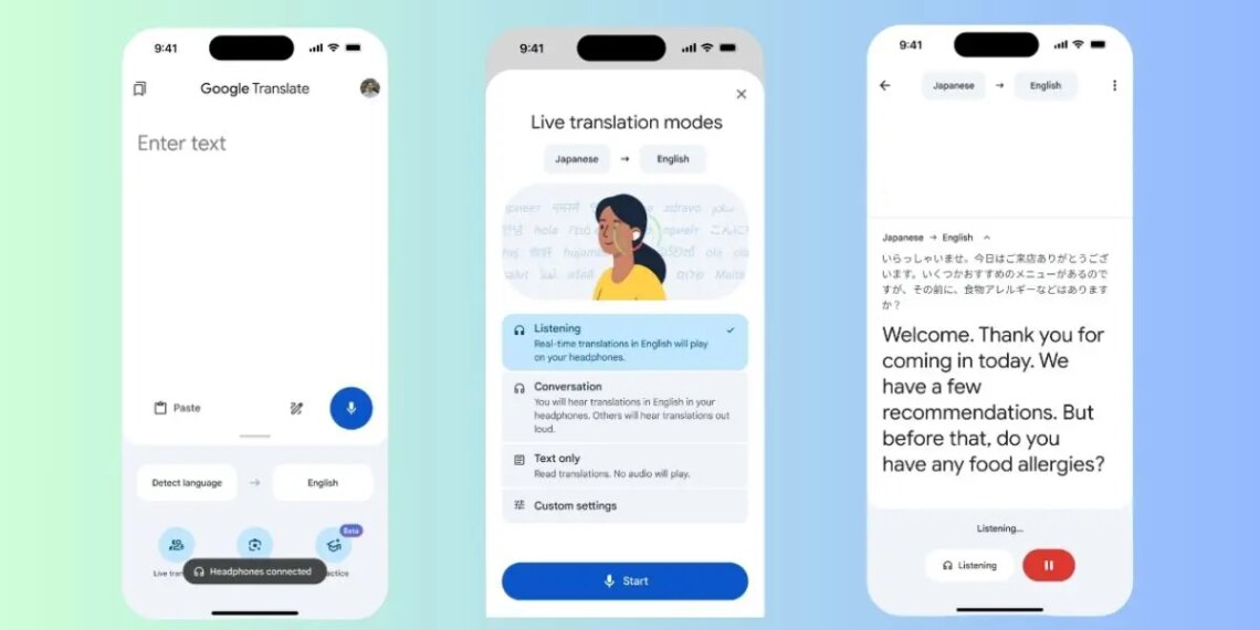 Sobre un fondo degradado azul aparecen tres capturas de pantalla de teléfono móvil en las que se ve el funcionamiento de la actualización de la traducción simultánea en la app del Traductor de Google.