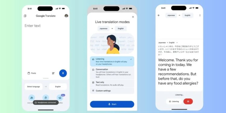 Sobre un fondo degradado azul aparecen tres capturas de pantalla de teléfono móvil en las que se ve el funcionamiento de la actualización de la traducción simultánea en la app del Traductor de Google.
