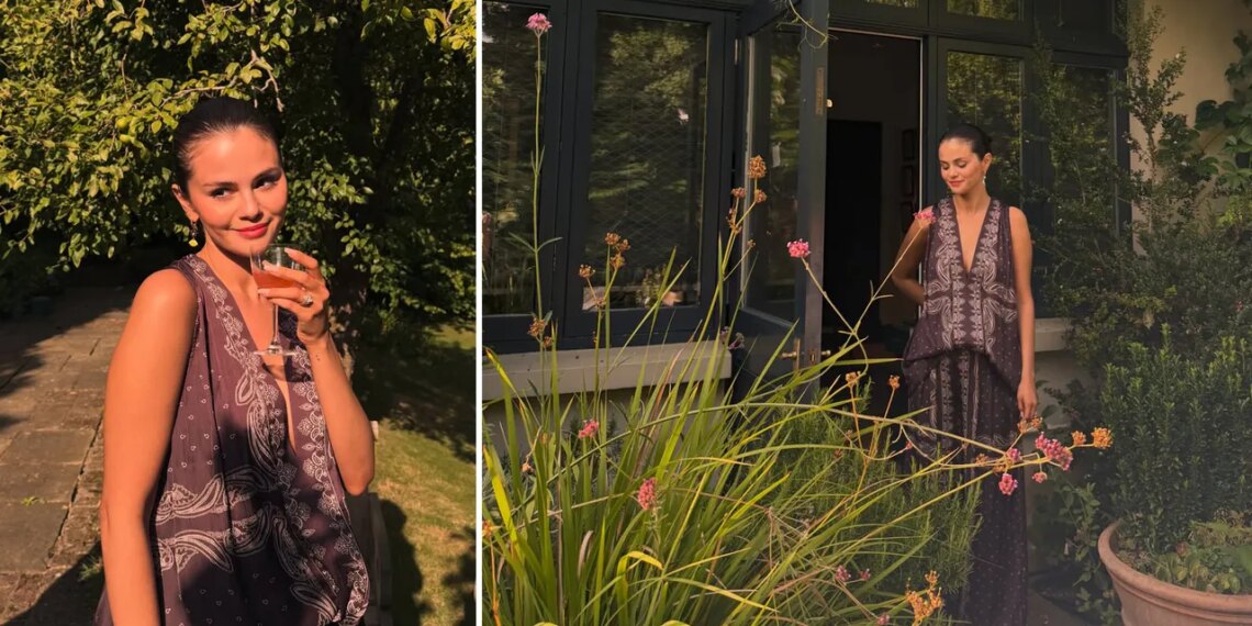 Selena Gómez combina pantalones anchos y blusa en el color lila del verano 2026