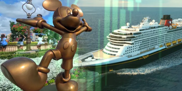 Imagen promocional de Disney que muestra una figura de Mickey Mouse en un parque temático junto a un crucero de Disney navegando en el mar, representando la expansión del entretenimiento y los viajes de la compañía.