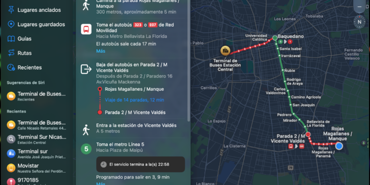 Apple Maps ya ofrece la función de Transporte público (Transit) en Chile, permitiendo planificar viajes en Metro, buses y otros servicios directamente desde la app