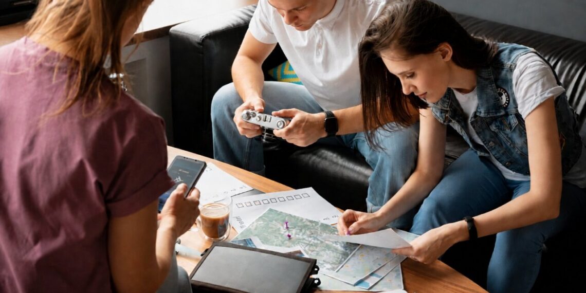 Grupo de personas planificando un viaje con mapas y dispositivos móviles
