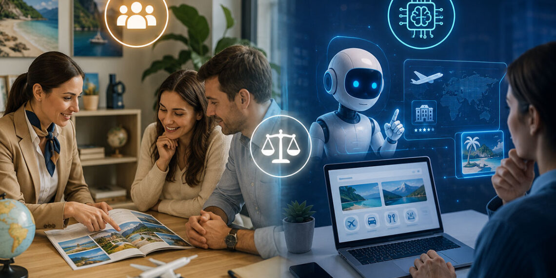 Asesoría de agencias de viajes versus uso de la inteligencia artificial para planificación de viajes. Imagen creada con IA.