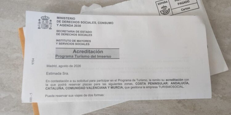 Carta del IMSERSO con acreditación para la temporada 2026-2027 del Programa de Turismo