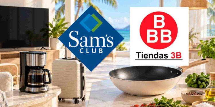 Un viaje o una olla para llevar a casa: Sam’s Club y Tiendas 3B usan incentivos distintos para atraer compradores. (Foto: Ilustración editorial generada y logos de Sam’s Club y Tiendas 3B)