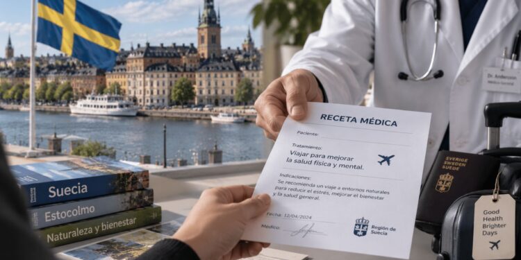 Médico sostiene una receta que recomienda viajar para mejorar la salud física y mental, con Estocolmo y la bandera de Suecia al fondo.