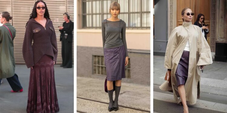 Cómo llevar las faldas color berenjena que son tendencia en otoño 2026 con botines, zapatos de tacón y sandalias