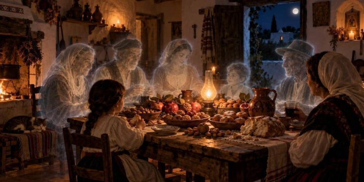 AI-generated image depicting the dinner for the deceased on the night of All Saints' Day.