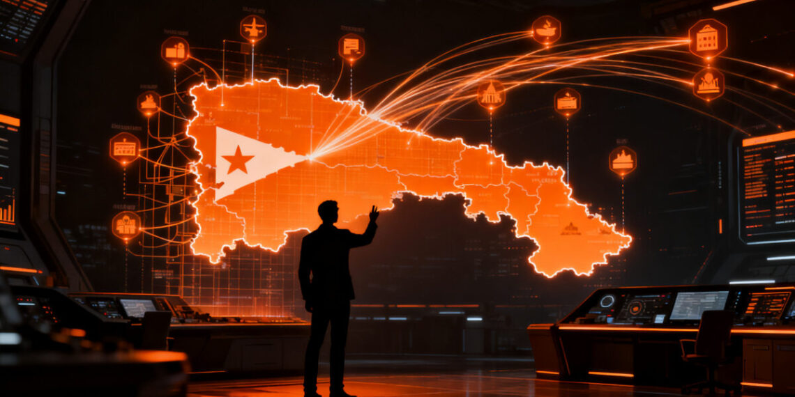 Agente de inteligencia artificial guiando a viajeros en Puerto Rico, concepto de turismo inteligente y marketing de destinos.