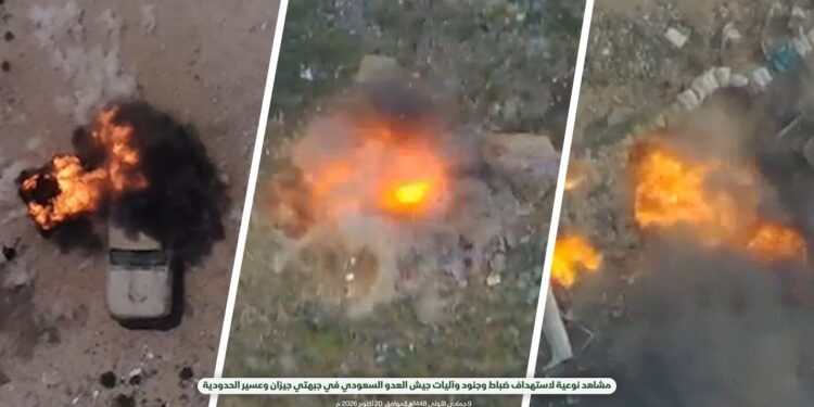 Imagen difundida por el centro de comunicación militar de los hutíes que muestra supuestos ataques rebeldes contra las Fuerzas yemeníes respaldadas por Arabia Saudita a lo largo de los frentes fronterizos de Jizan y Asir. FOTO: EFE