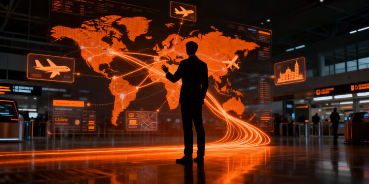 Agente de IA gestionando reservas de viajes en un entorno digital futurista para el sector turístico en WTTC Malta 2026.