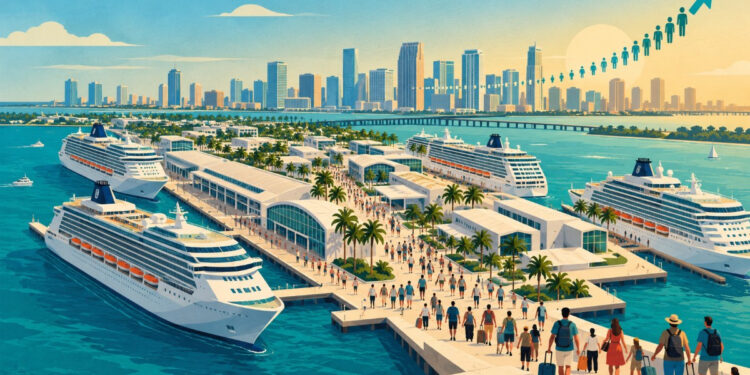Ilustración sobre el récord histórico de pasajeros en PortMiami. © CiberCuba